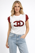 T-shirt Branca com Aplicação em Lantejoulas