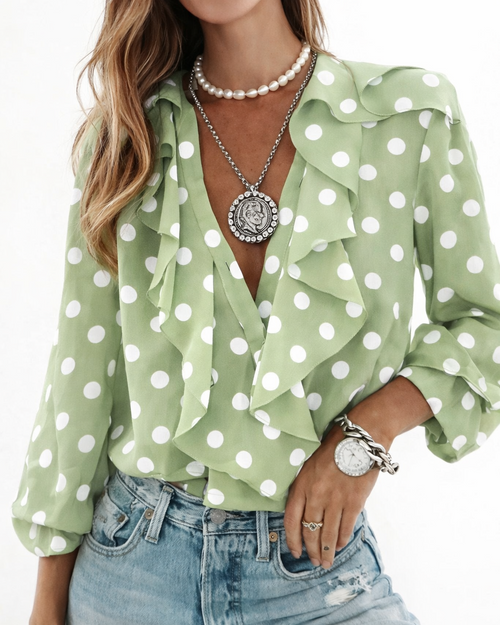 Blusa Verde às Bolinhas com Folhos